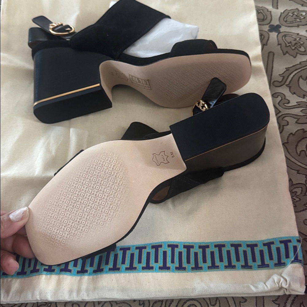 New Elegant Black Suede Block Heel Slingback Wedges - Picture 5 of 7